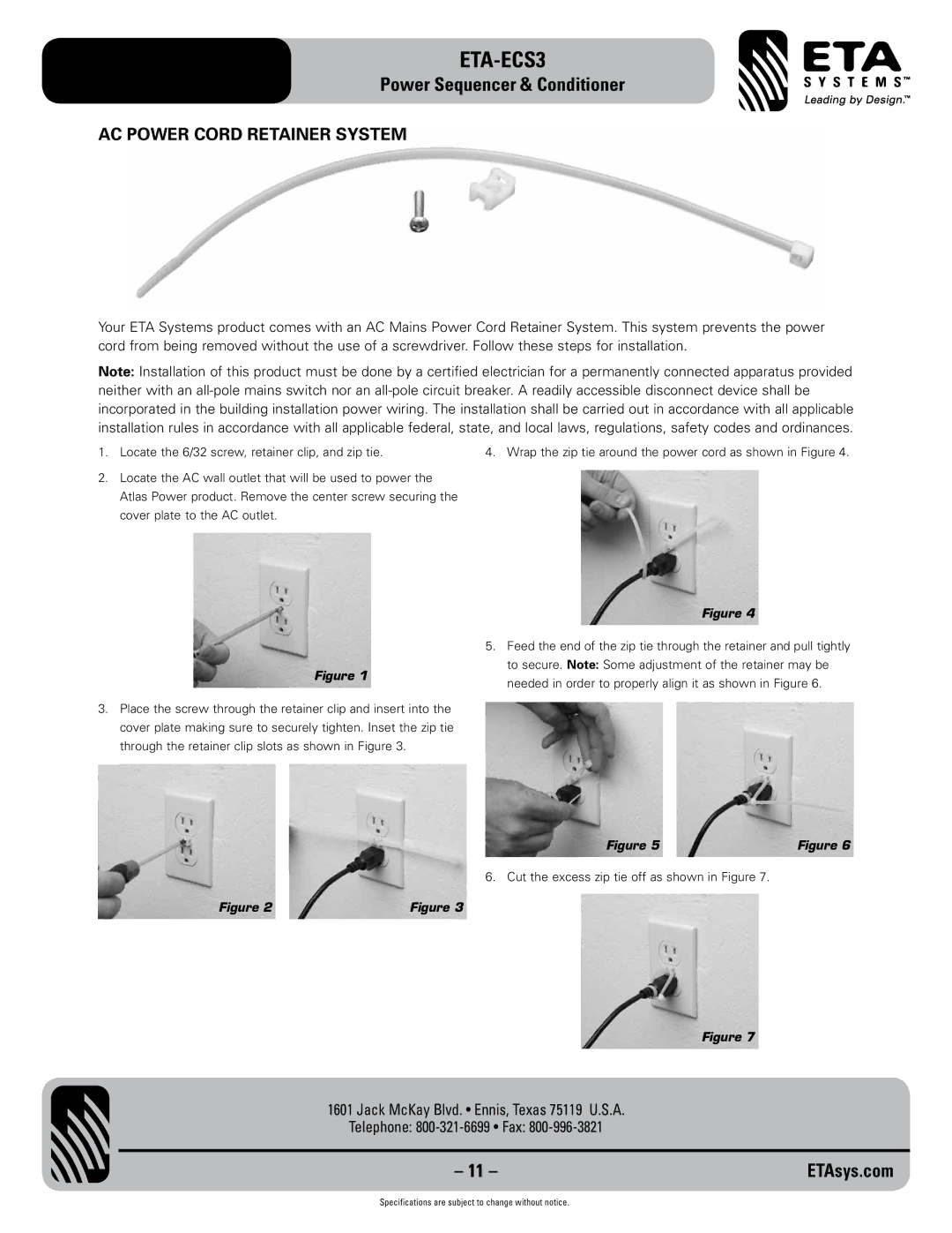 ETA Systems ETA-ECS3 specifications AC Power Cord Retainer System 