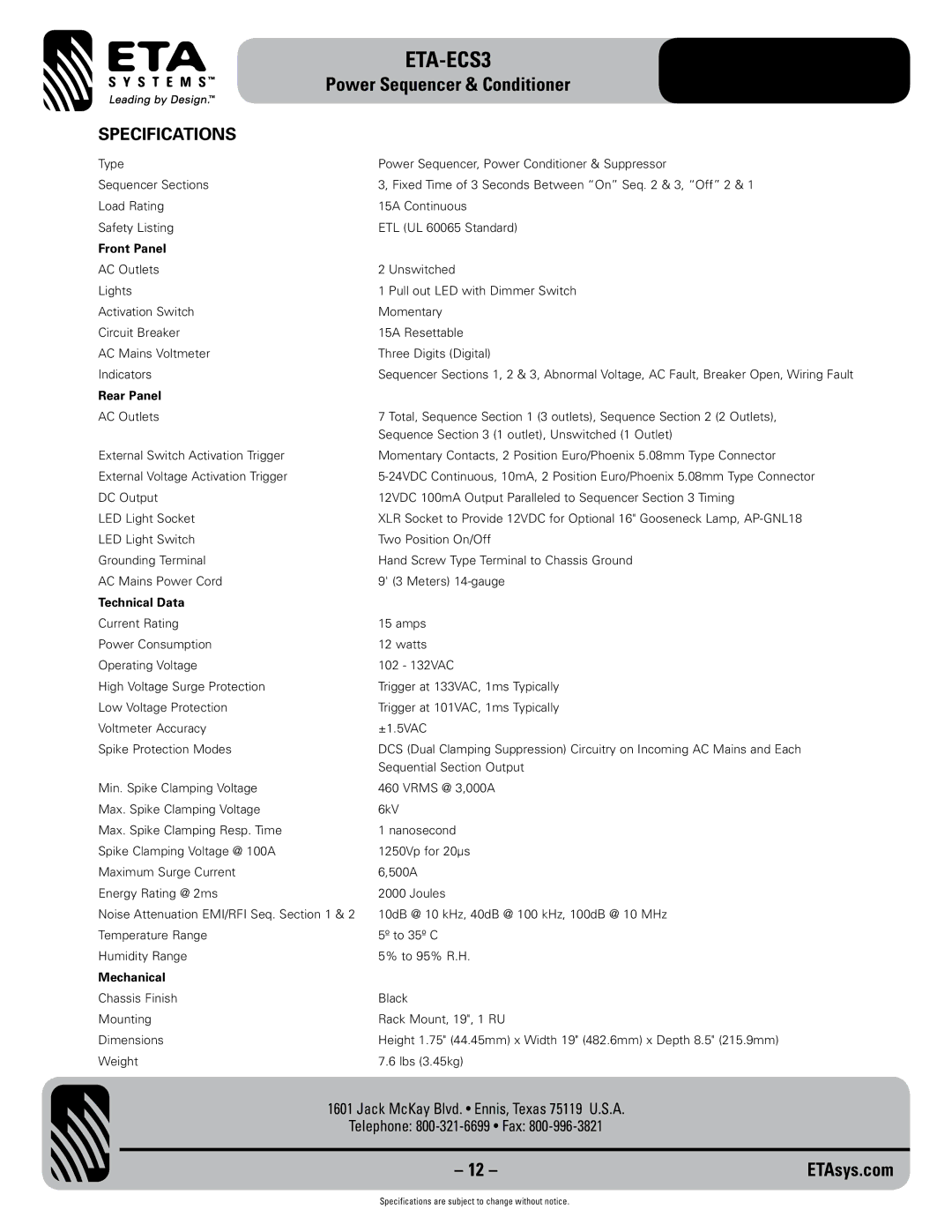 ETA Systems ETA-ECS3 specifications Specifications, Front Panel 