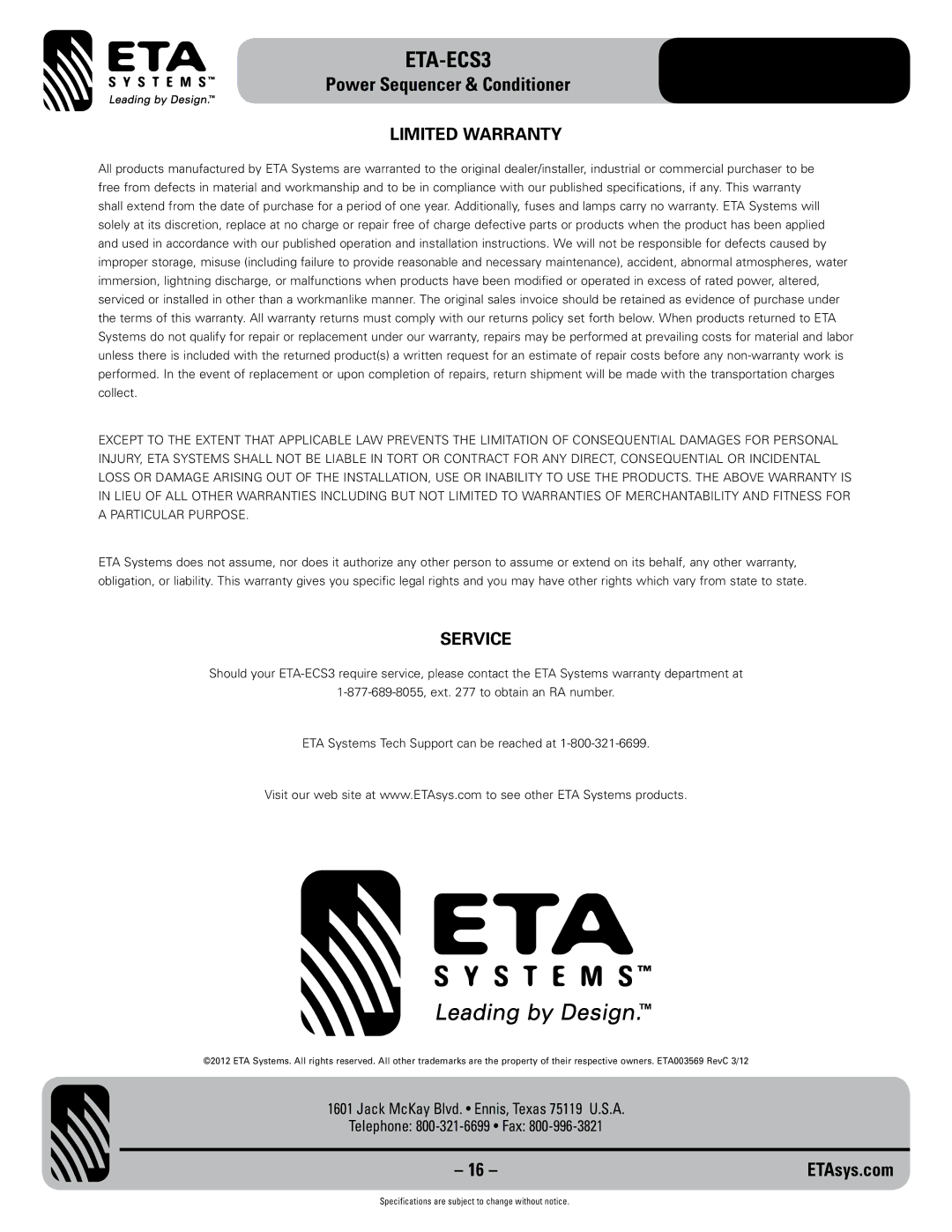 ETA Systems ETA-ECS3 specifications Limited Warranty, Service 