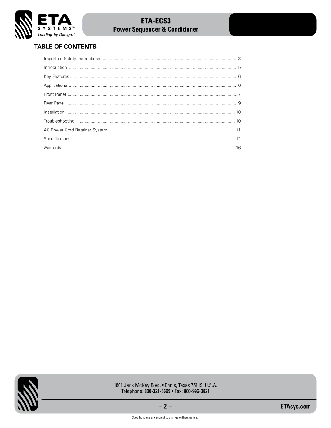 ETA Systems ETA-ECS3 specifications Table of Contents 