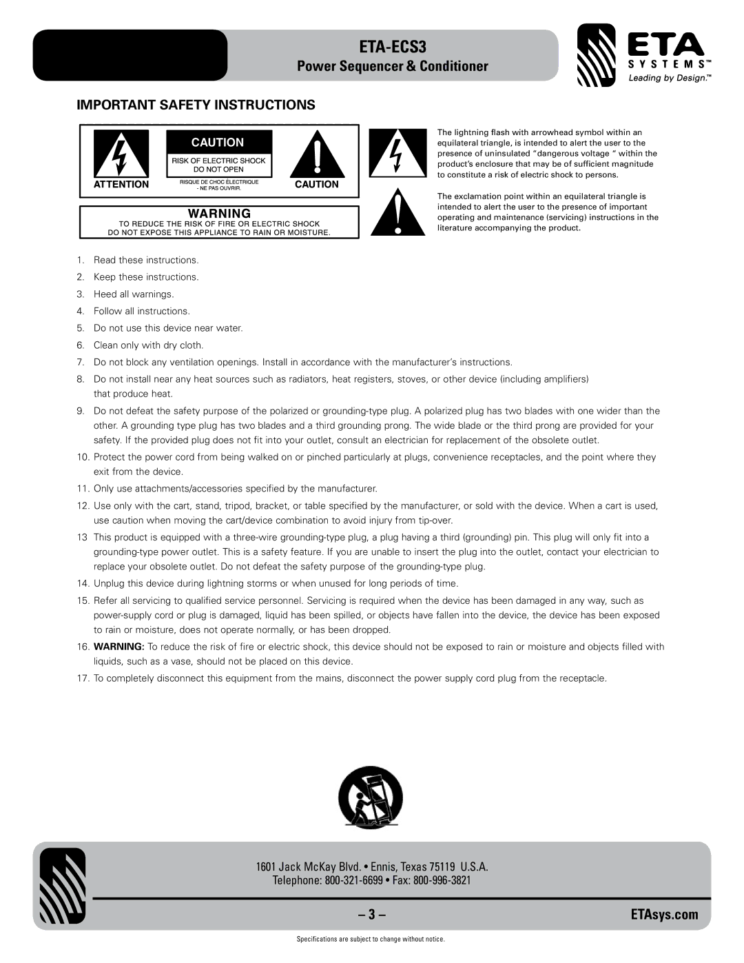 ETA Systems ETA-ECS3 specifications Important Safety Instructions 