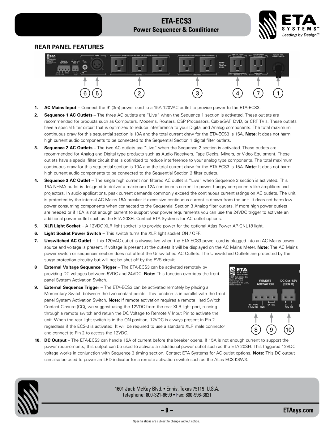 ETA Systems ETA-ECS3 specifications Rear Panel Features 