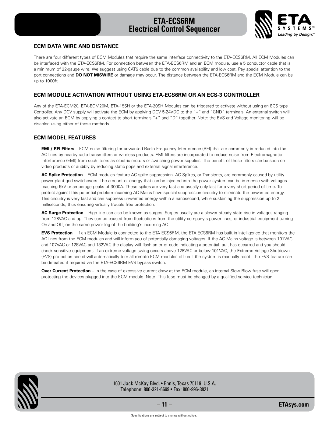 ETA Systems ETA-ECS6RM specifications ECM Data Wire and Distance, ECM Model Features 