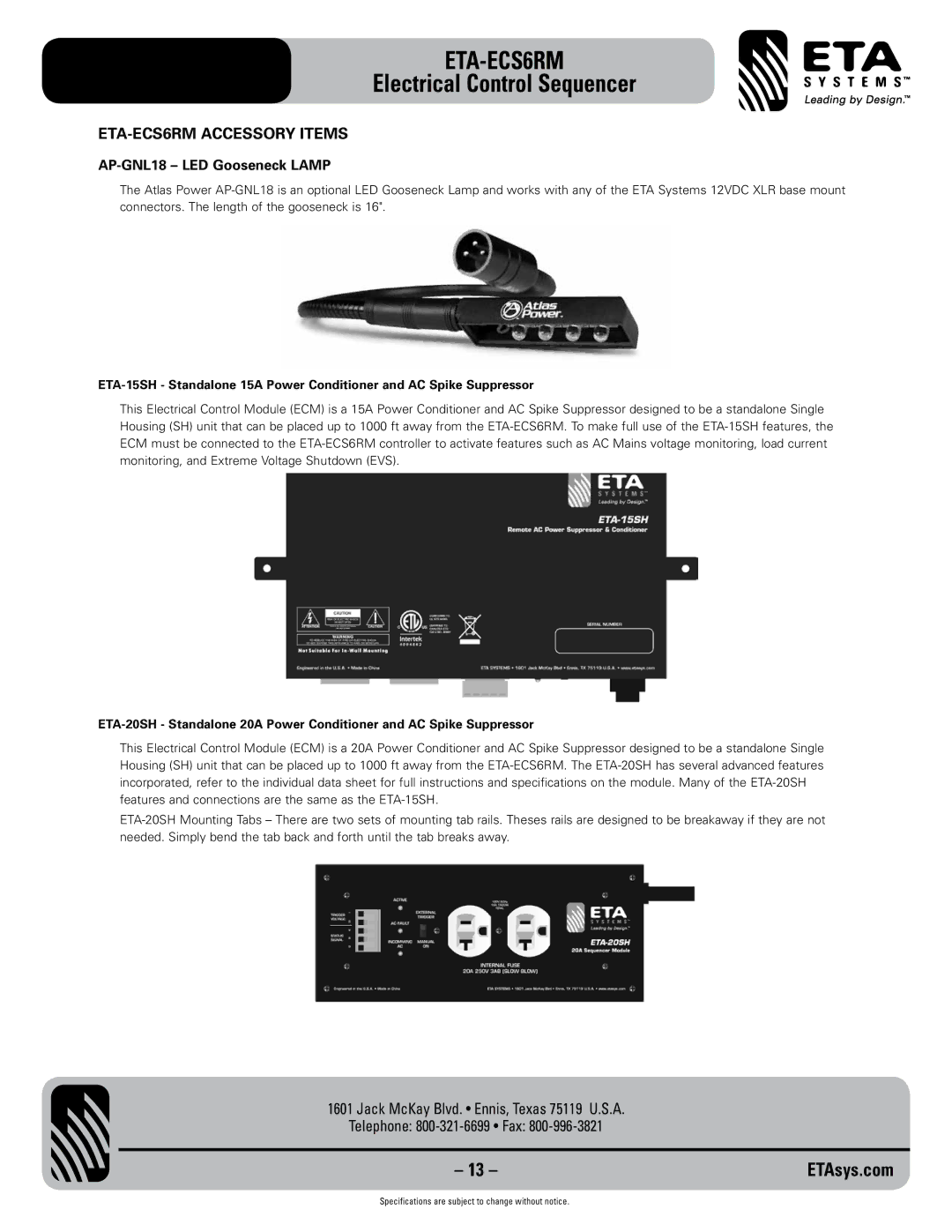 ETA Systems specifications ETA-ECS6RM Accessory Items, AP-GNL18 LED Gooseneck Lamp 