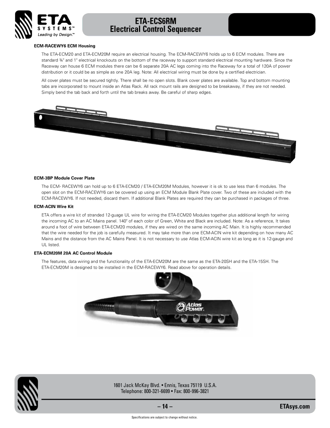 ETA Systems ETA-ECS6RM specifications ECM-RACEWY6 ECM Housing, ECM-3BP Module Cover Plate, ECM-ACIN Wire Kit 