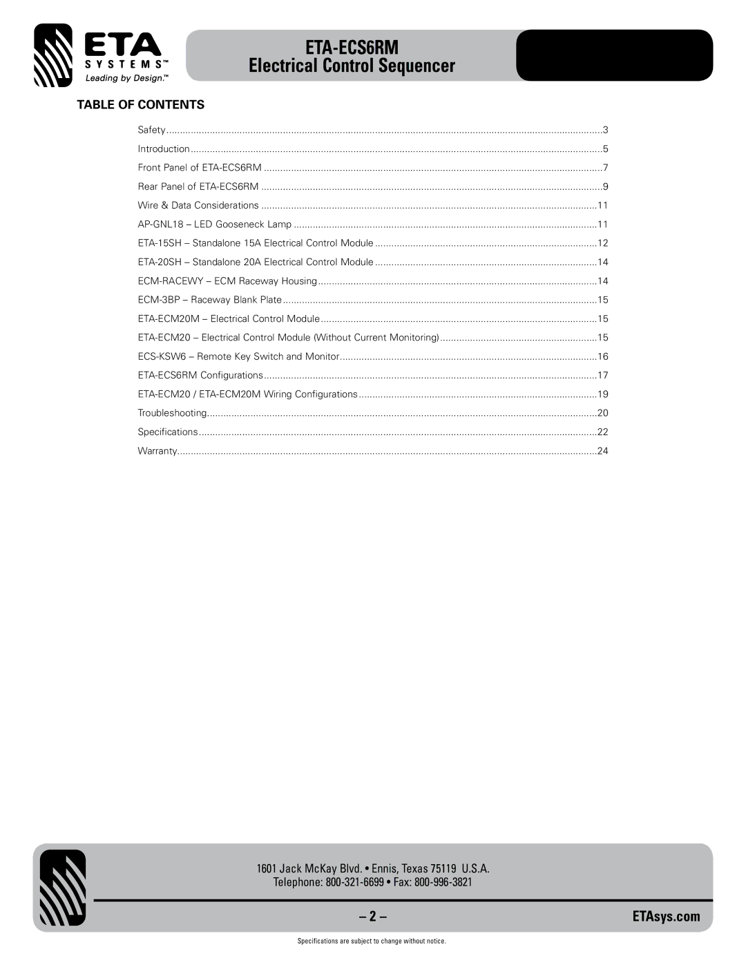 ETA Systems ETA-ECS6RM specifications Table of Contents 