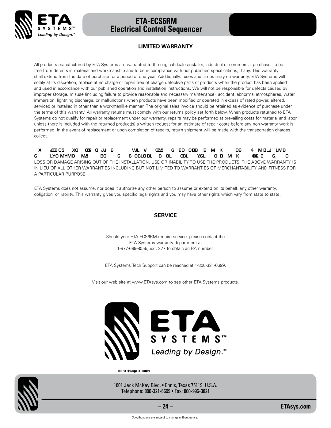 ETA Systems ETA-ECS6RM specifications Limited Warranty, Service 