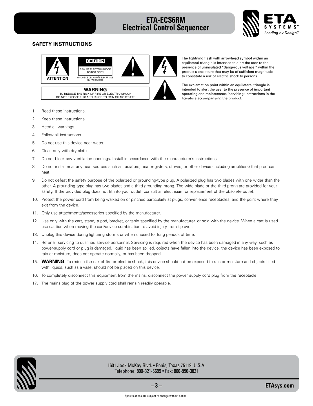 ETA Systems ETA-ECS6RM specifications Safety Instructions 