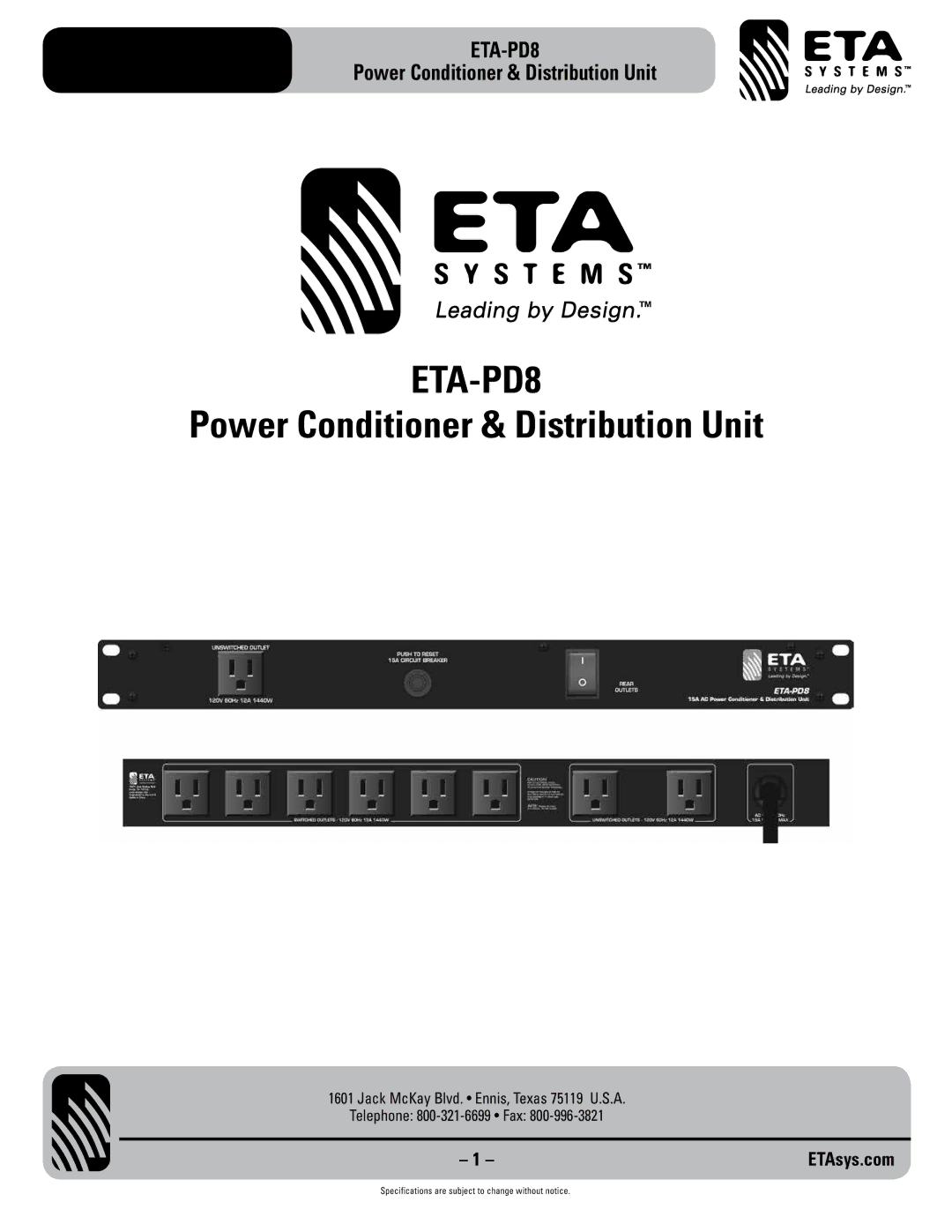 ETA Systems ETA-PD8 specifications 