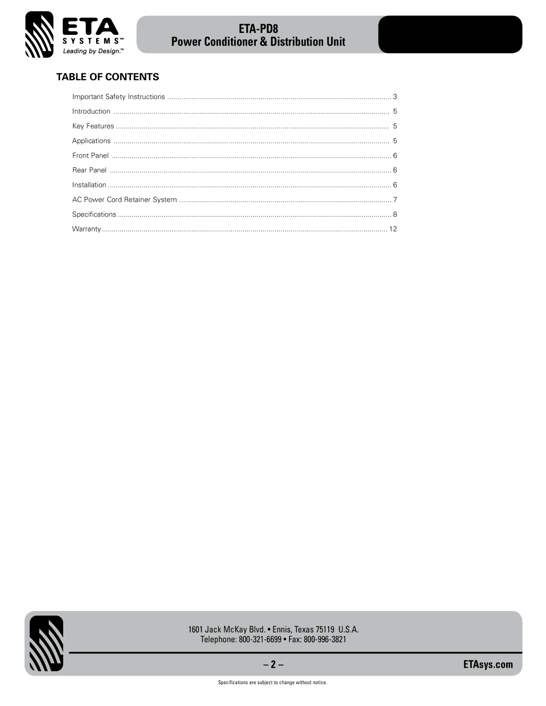 ETA Systems ETA-PD8 specifications Power Conditioner & Distribution Unit, Table of Contents 