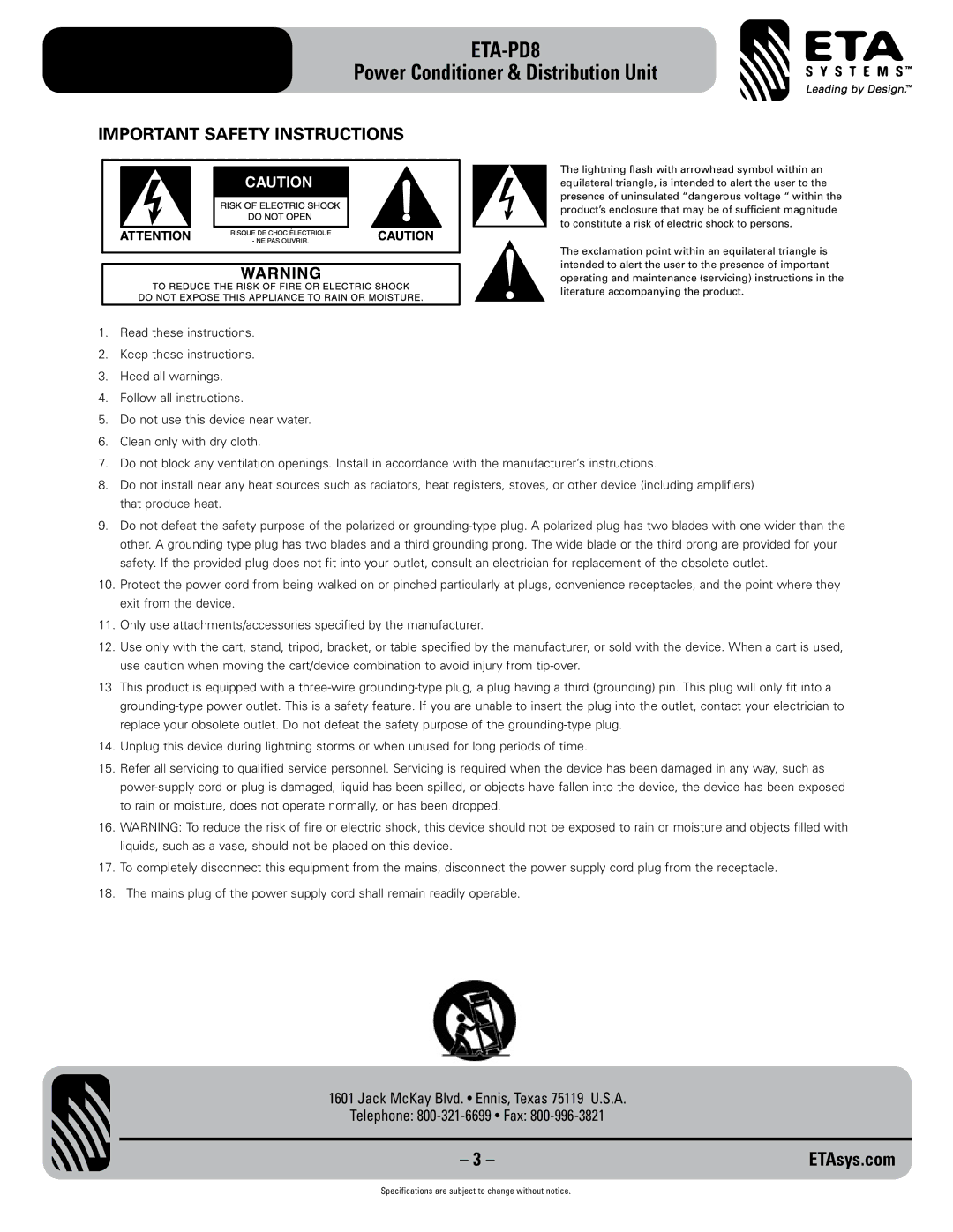 ETA Systems ETA-PD8 specifications Important Safety Instructions 