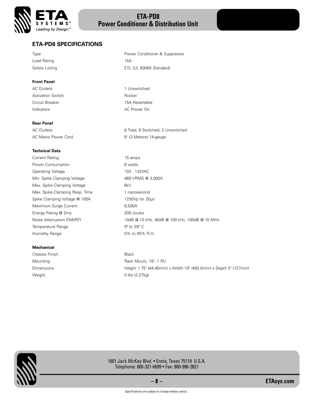 ETA Systems specifications ETA-PD8 Specifications, Front Panel 