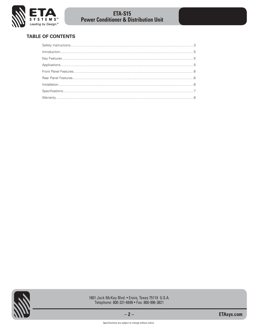 ETA Systems ETA-S15 specifications Table of Contents 