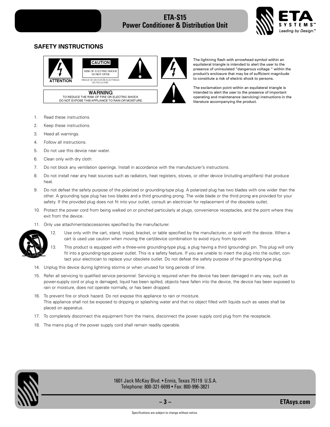 ETA Systems ETA-S15 specifications Safety Instructions 