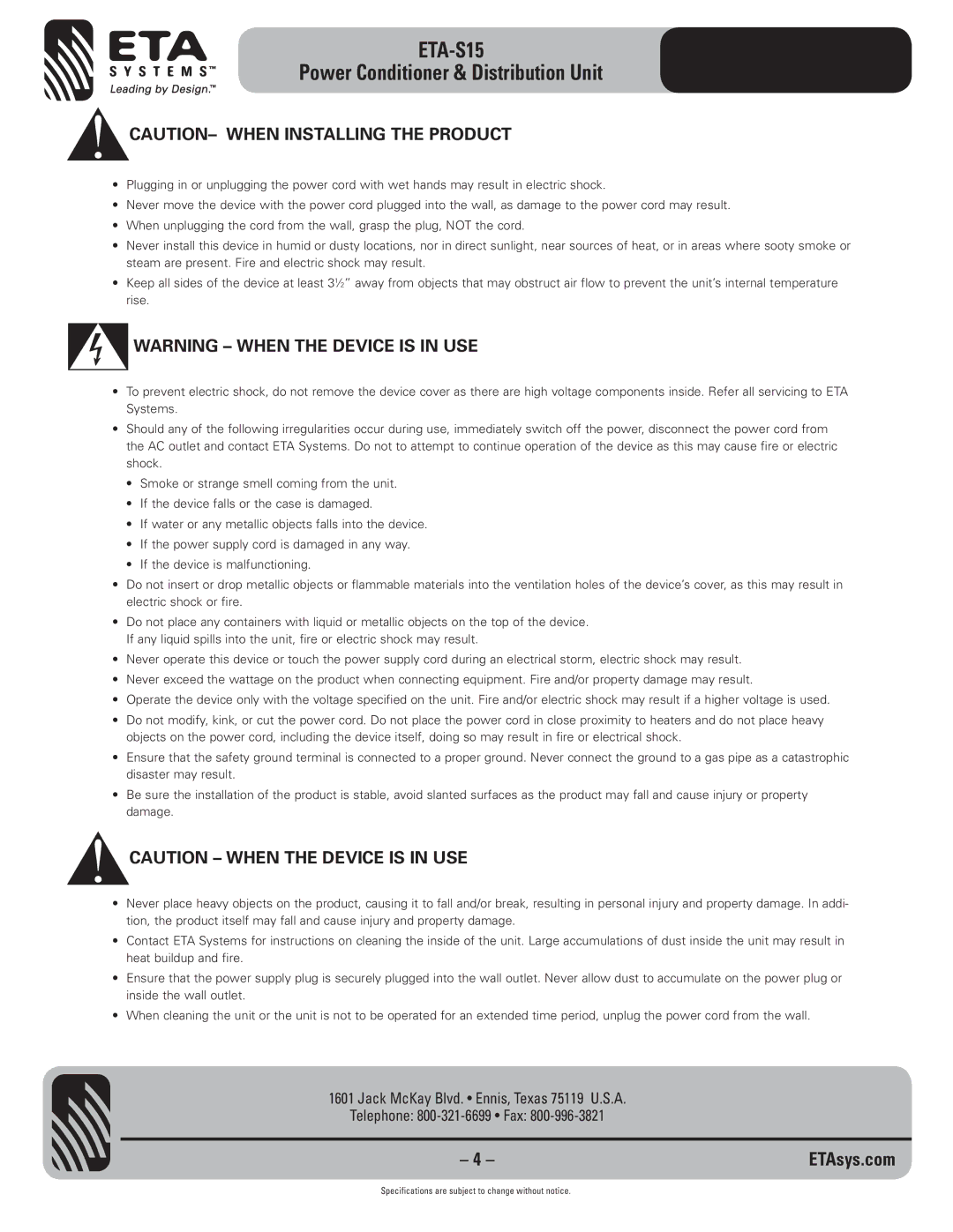 ETA Systems ETA-S15 specifications 