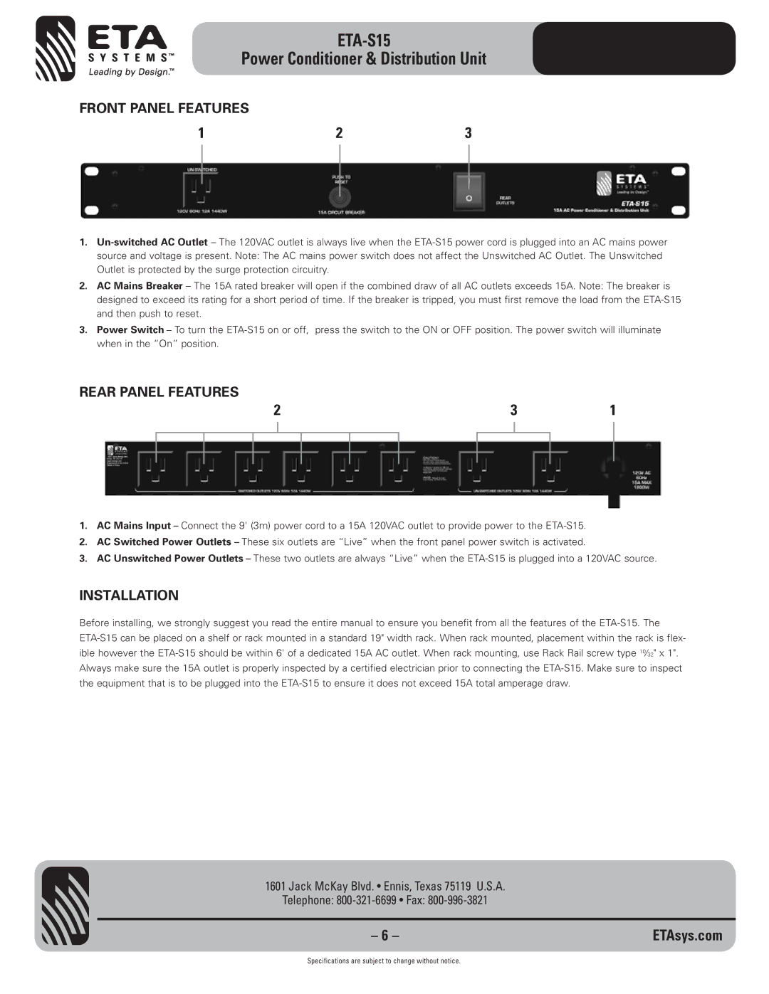 ETA Systems ETA-S15 specifications Front Panel Features, Rear Panel Features, Installation 