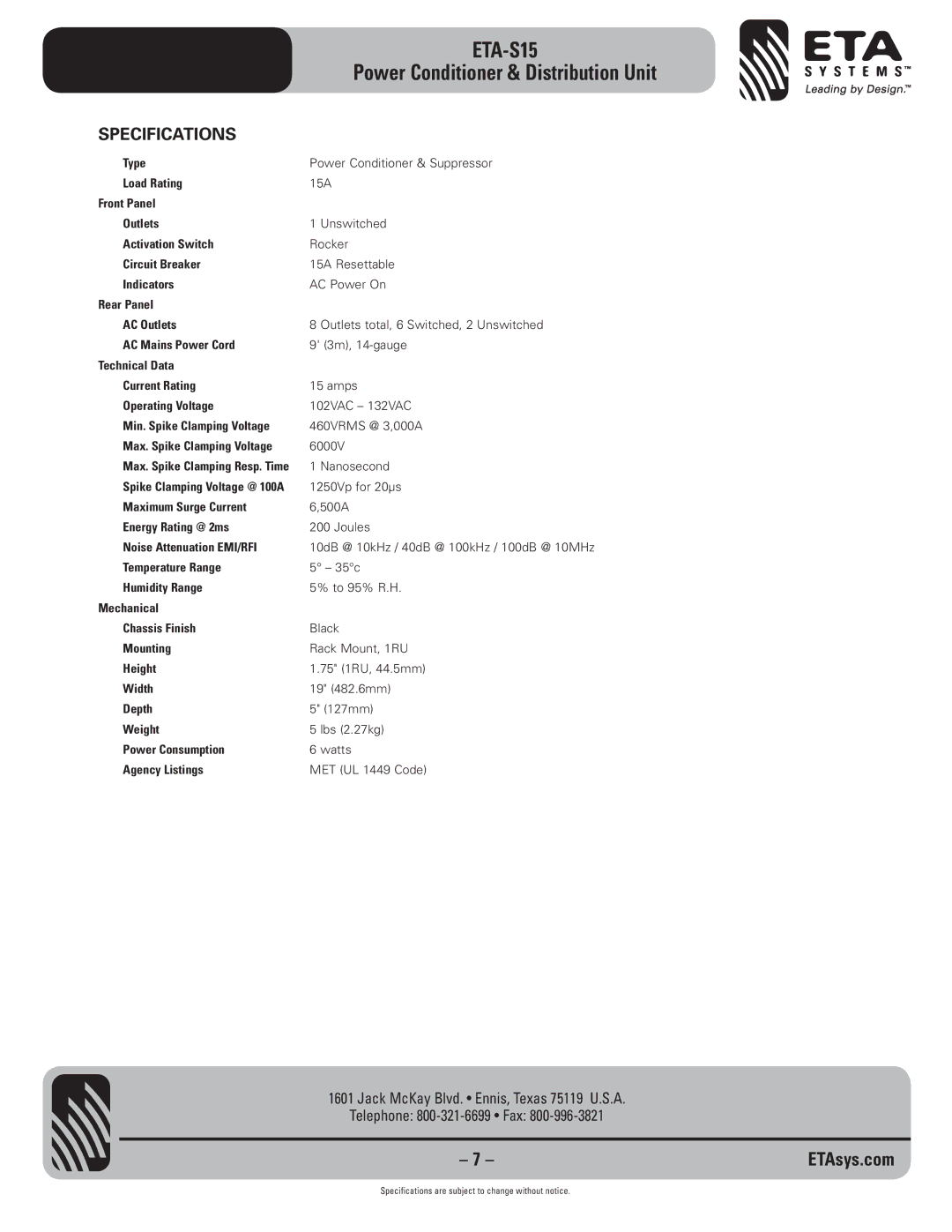 ETA Systems ETA-S15 specifications Specifications 