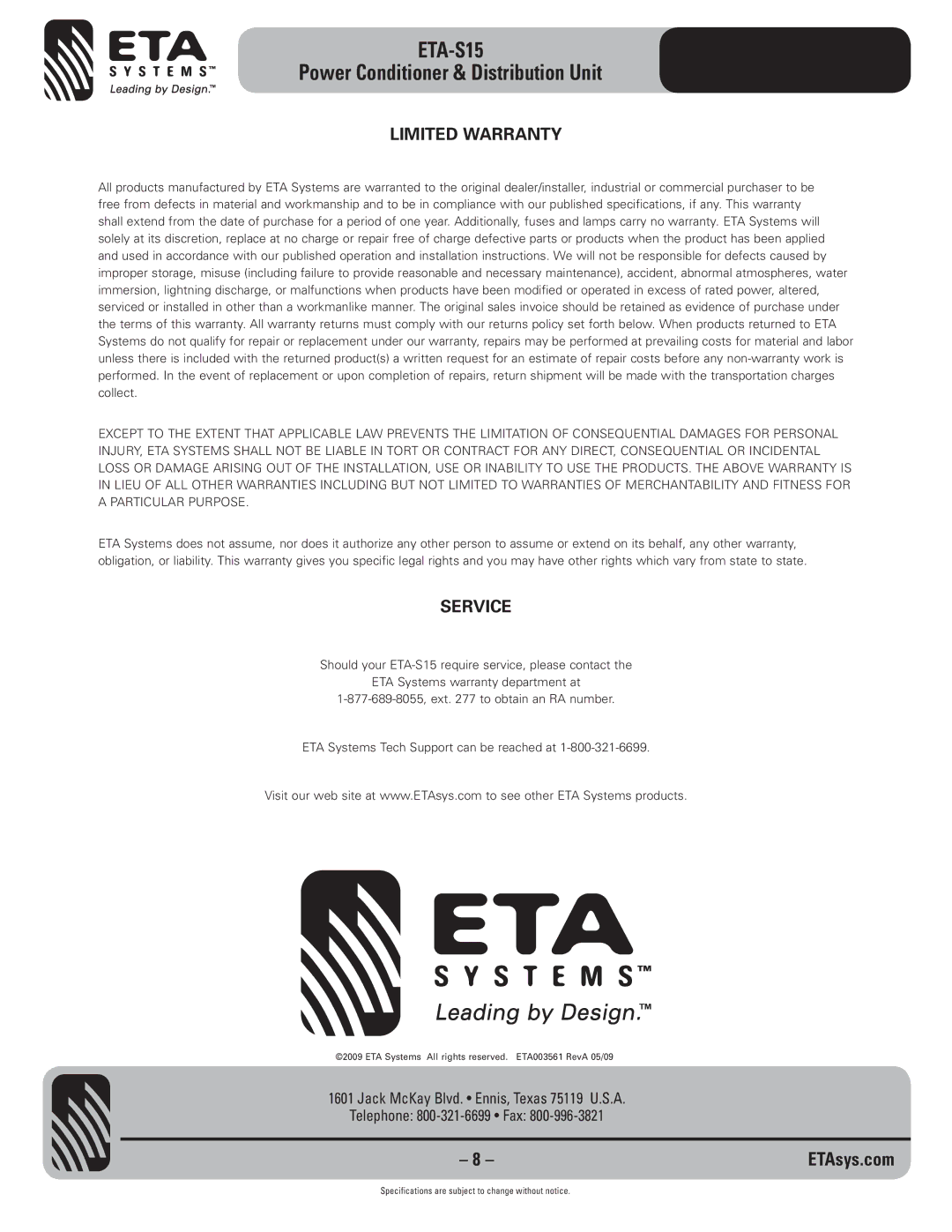 ETA Systems ETA-S15 specifications Limited Warranty, Service 