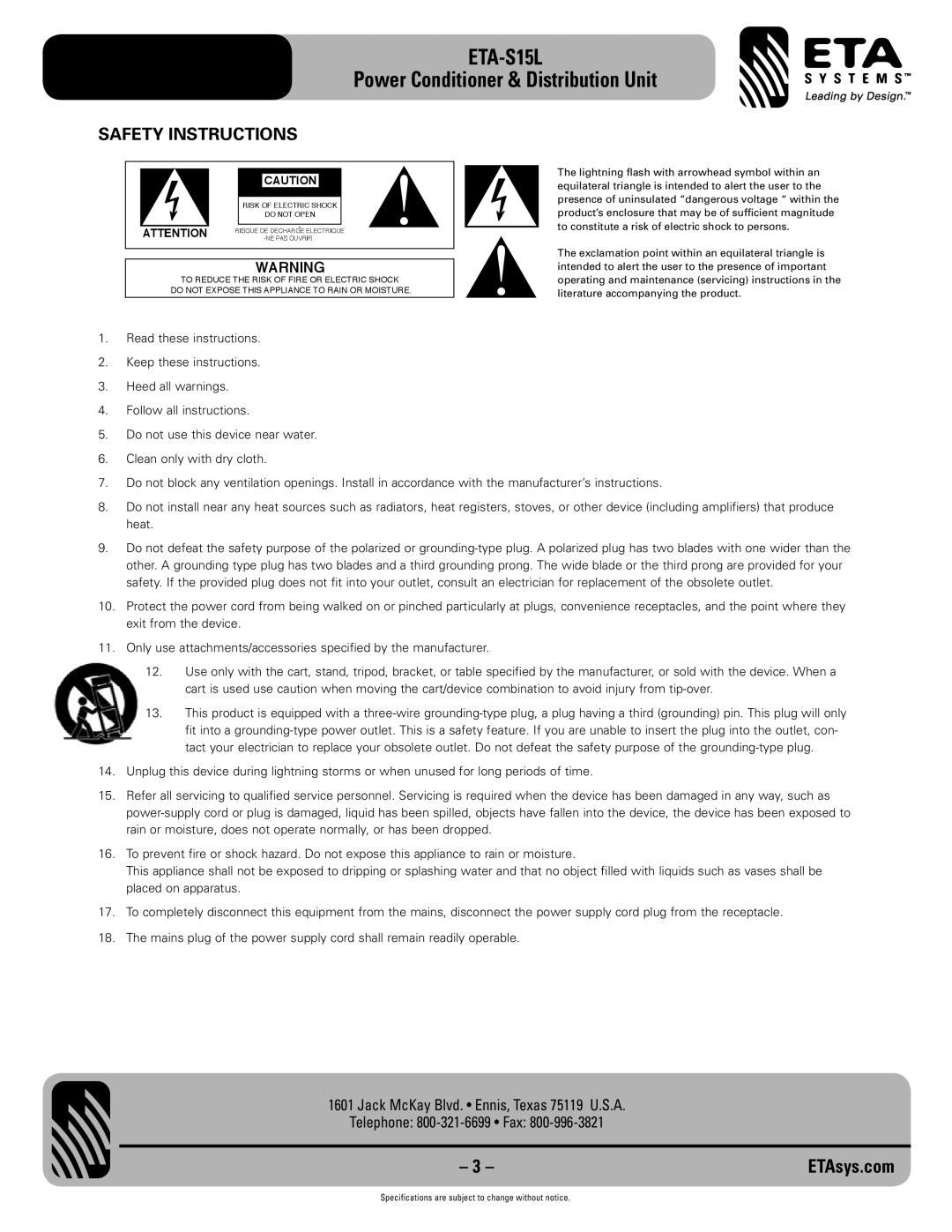 ETA Systems ETA-S15L specifications Safety Instructions 