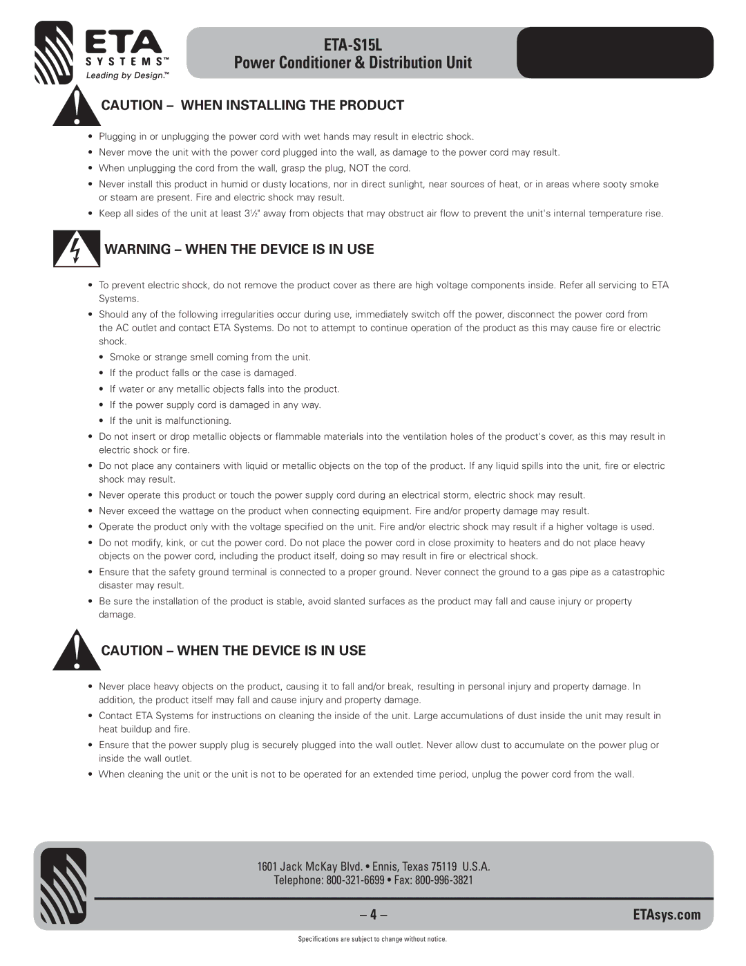 ETA Systems ETA-S15L specifications 