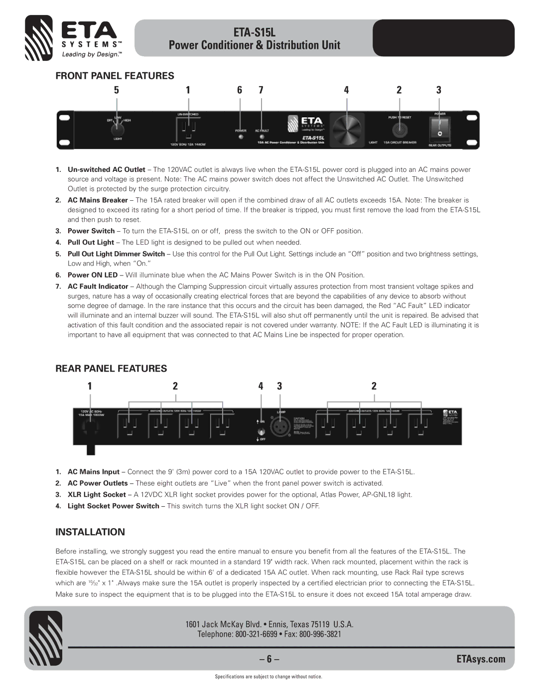 ETA Systems ETA-S15L specifications Rear Panel Features, Installation 