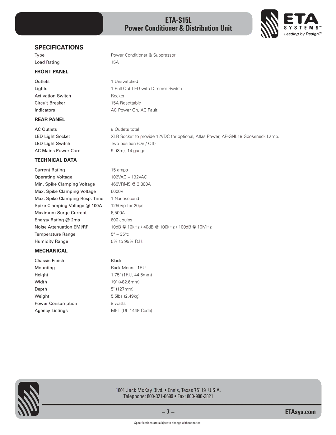 ETA Systems ETA-S15L specifications Specifications, Front Panel 