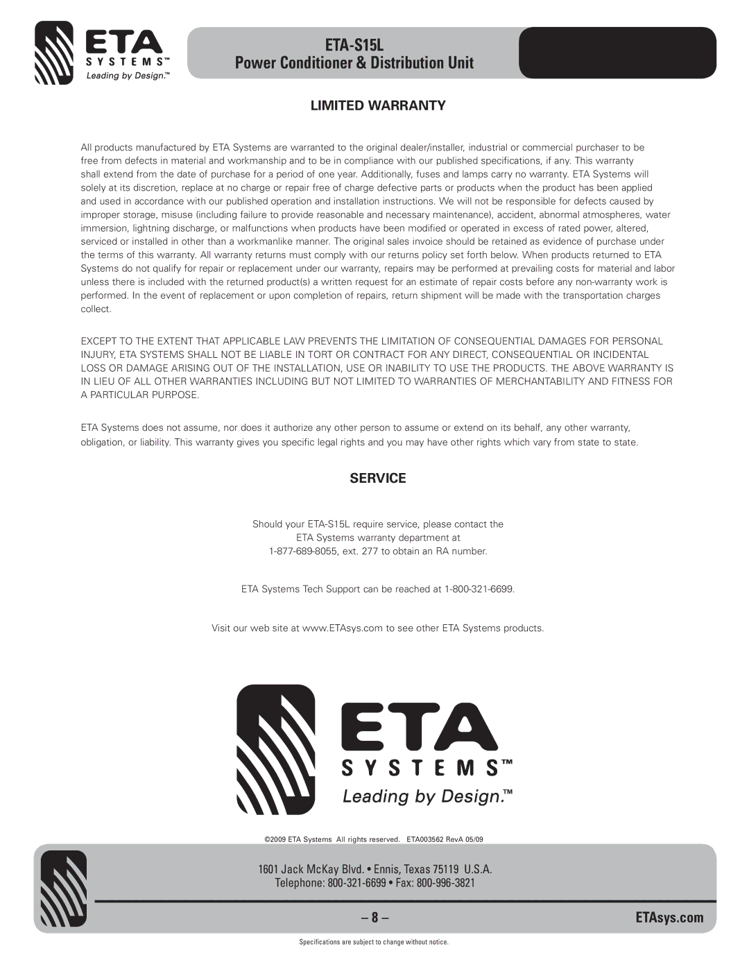 ETA Systems ETA-S15L specifications Limited Warranty, Service 