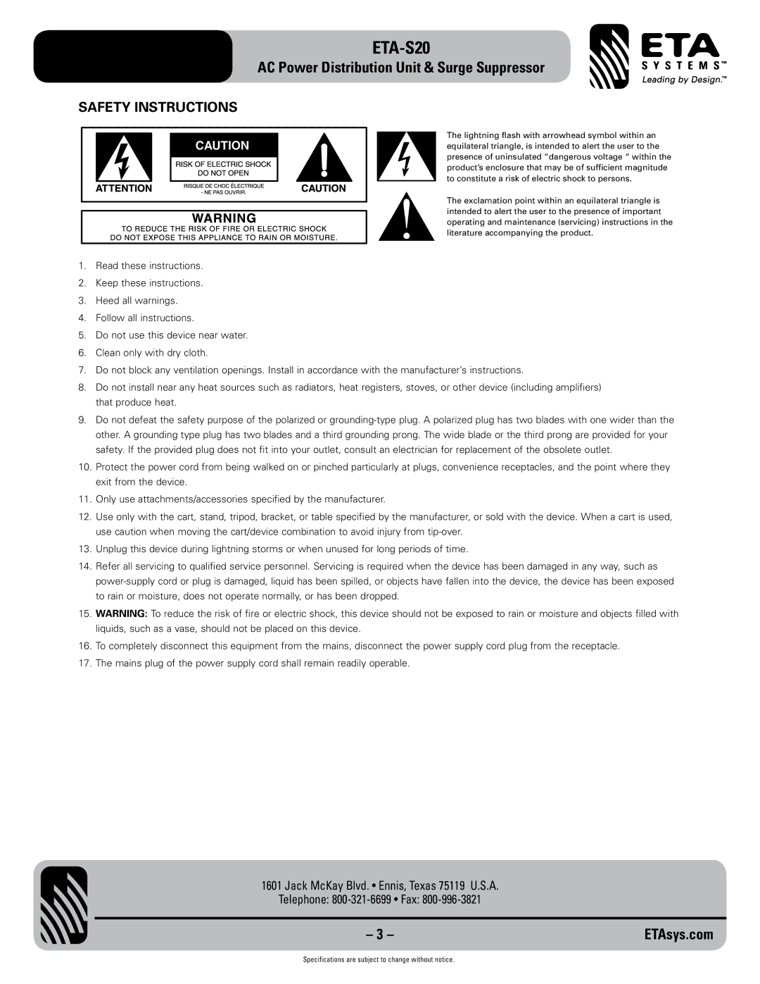 ETA Systems ETA-S20 specifications Safety Instructions 