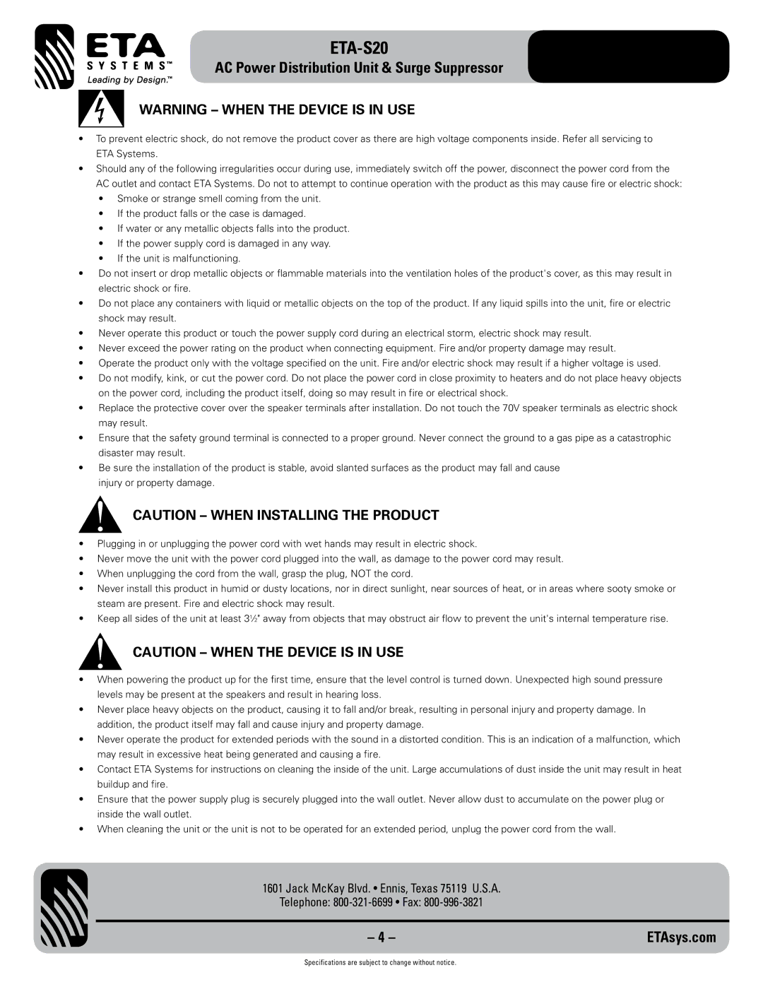 ETA Systems ETA-S20 specifications 