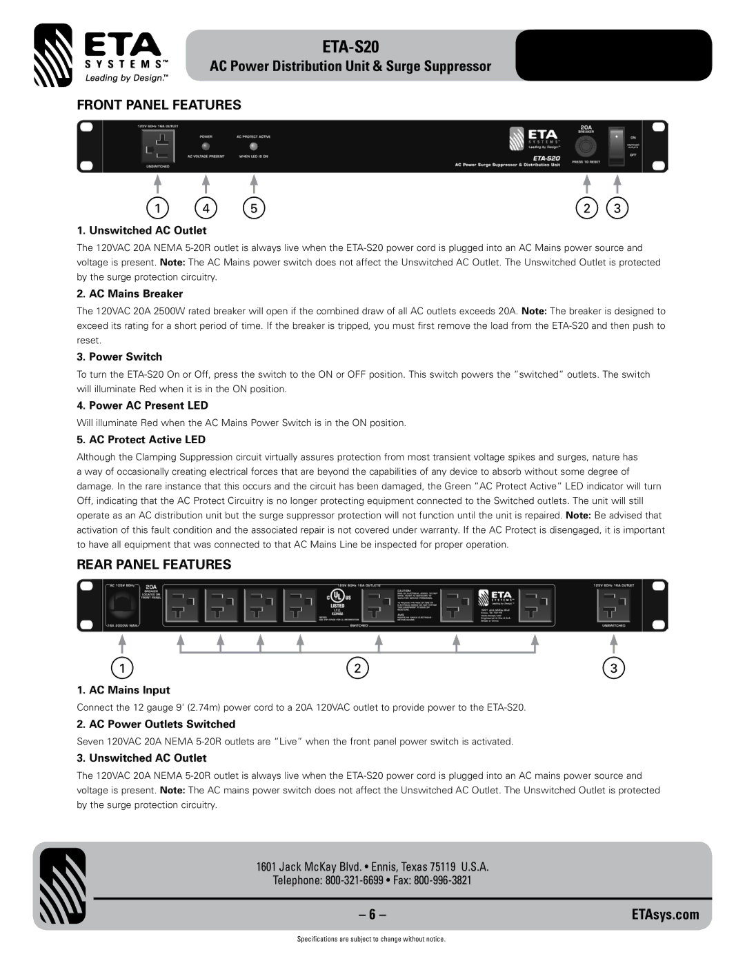 ETA Systems ETA-S20 specifications Front Panel Features, Rear Panel Features 