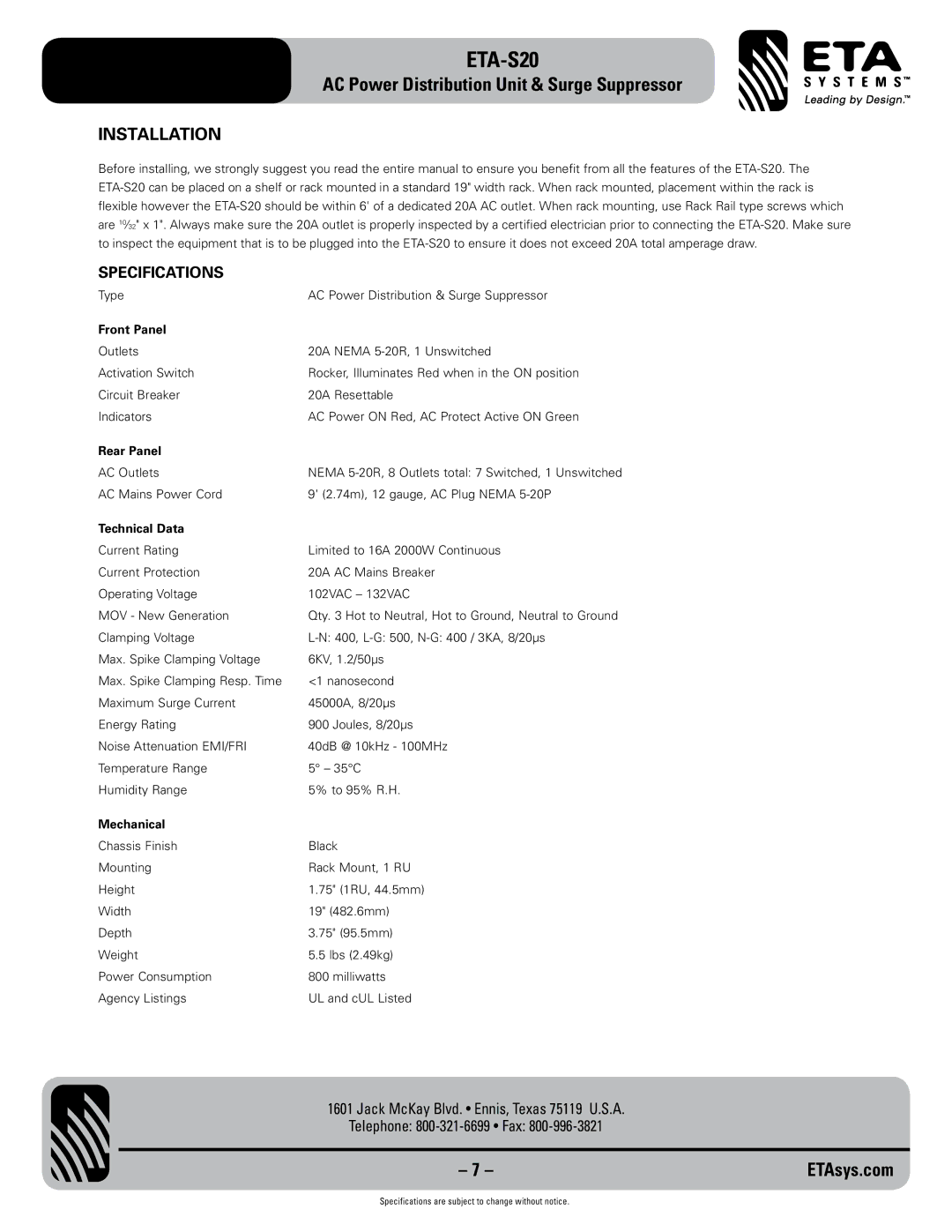 ETA Systems ETA-S20 specifications Installation, Specifications 