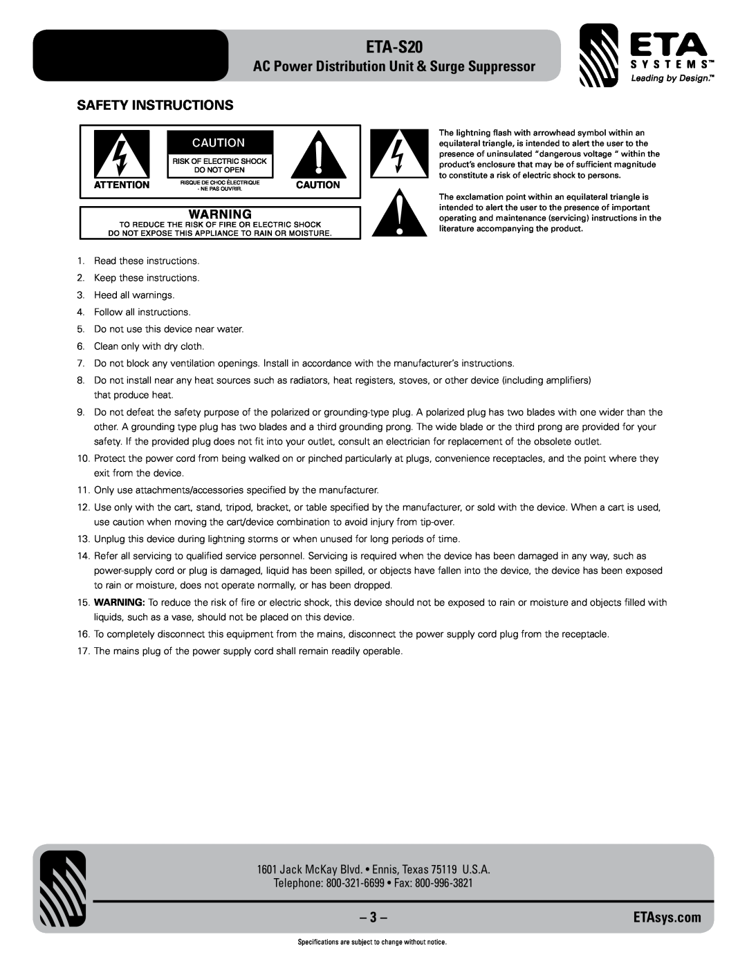 ETA Systems ETA-S20 Safety Instructions, AC Power Distribution Unit & Surge Suppressor, Telephone 800-321-6699 Fax 