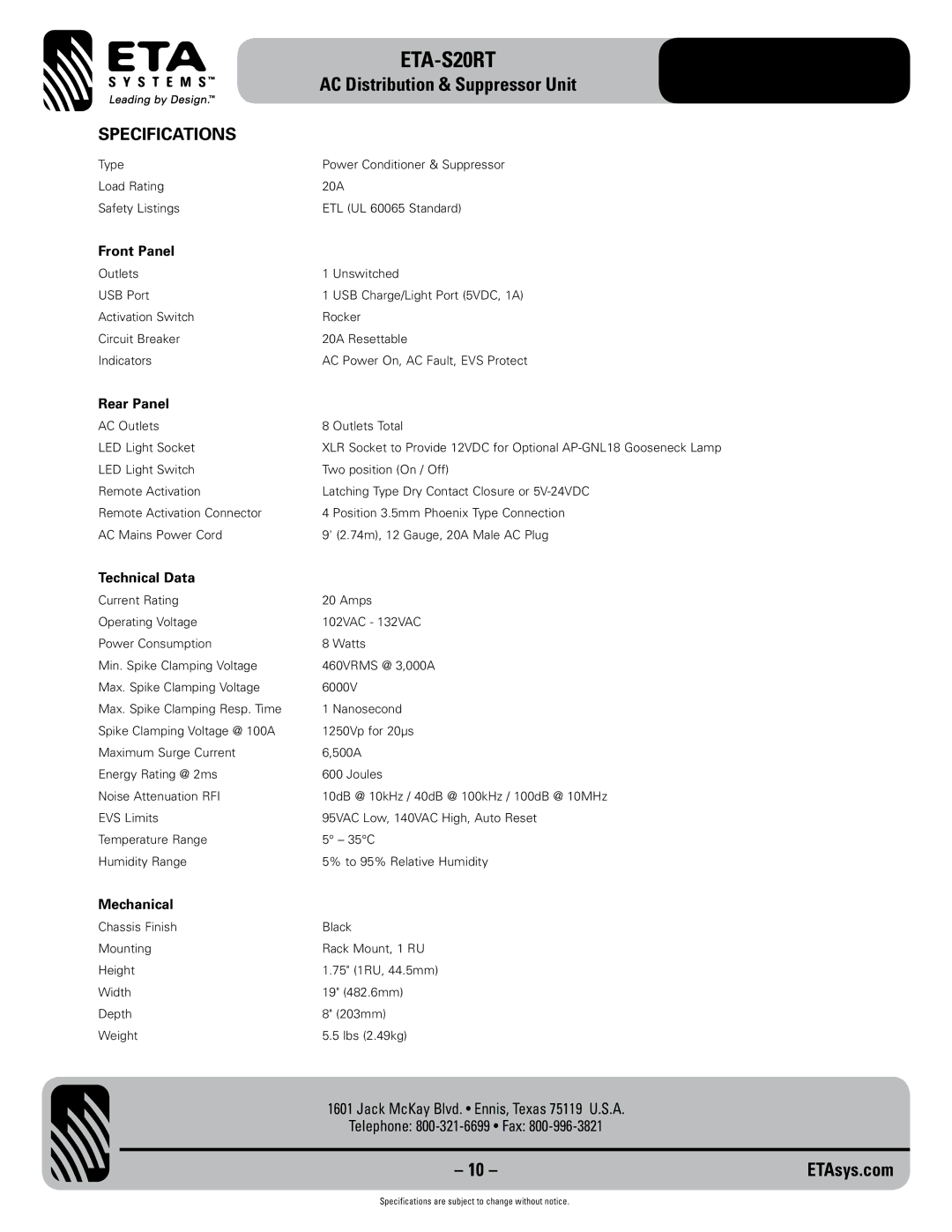 ETA Systems ETA-S20RT specifications Specifications, Front Panel, Rear Panel, Technical Data, Mechanical 