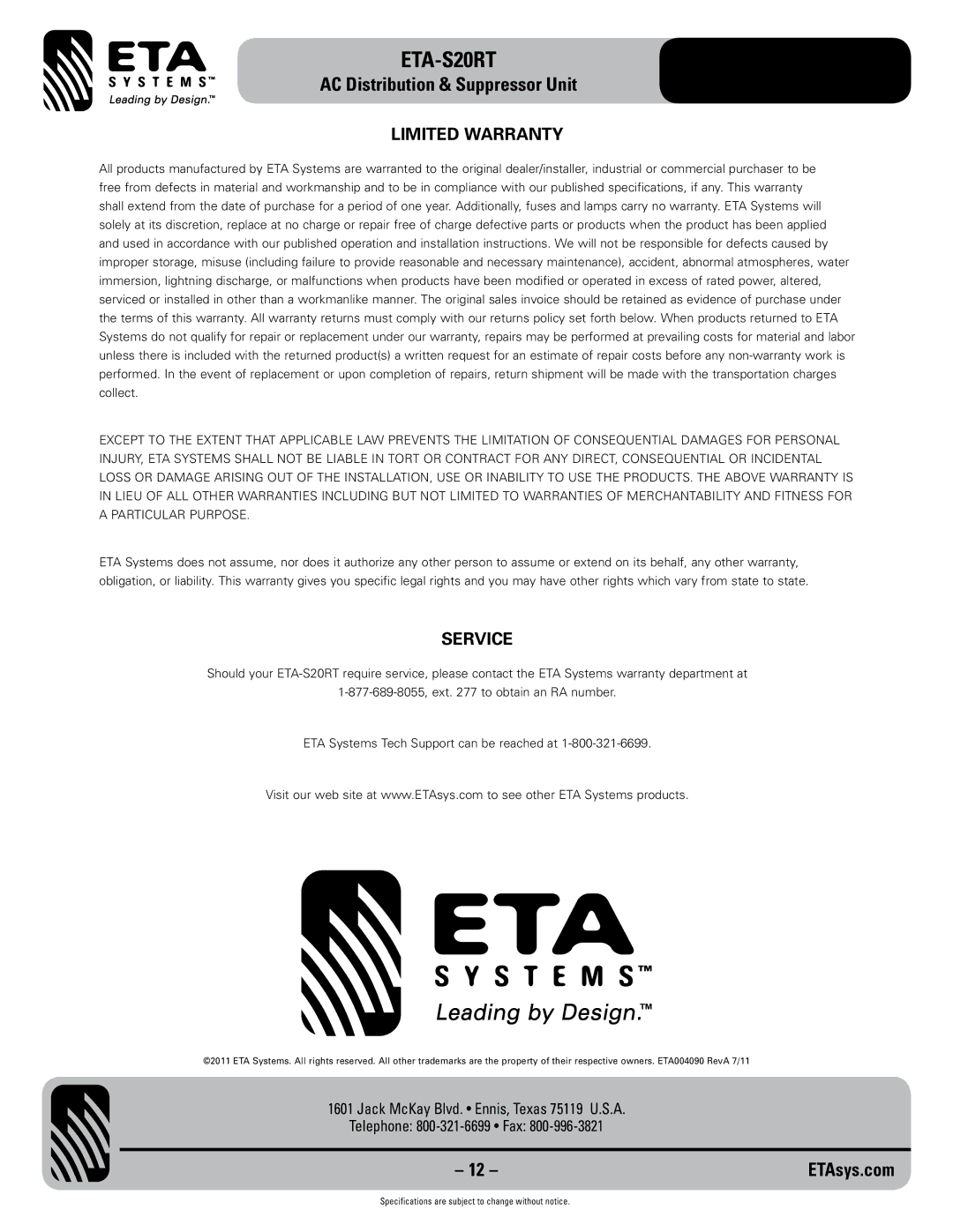 ETA Systems ETA-S20RT specifications Limited Warranty, Service 