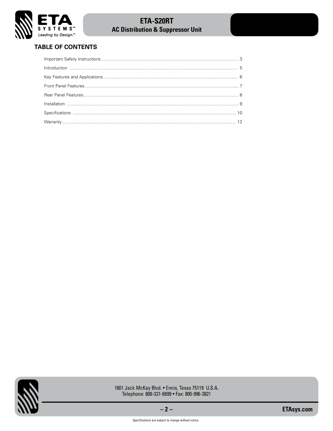 ETA Systems ETA-S20RT specifications Table of Contents 