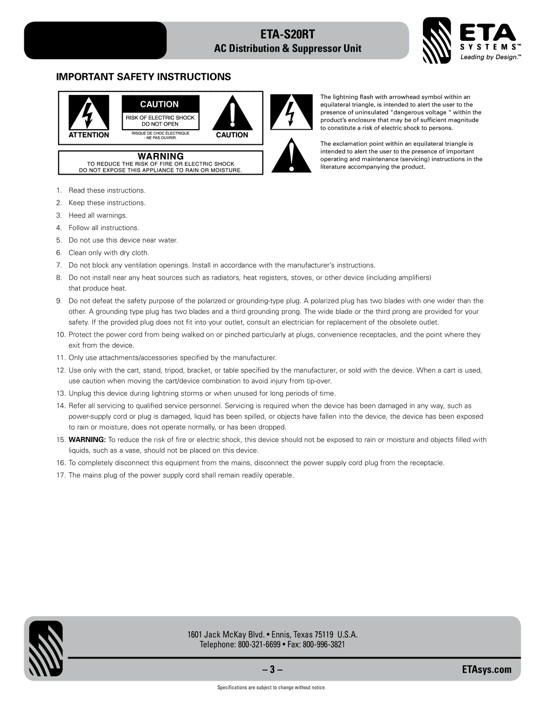 ETA Systems ETA-S20RT specifications Important Safety Instructions 