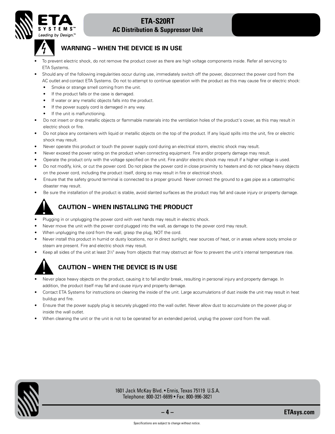 ETA Systems ETA-S20RT specifications 