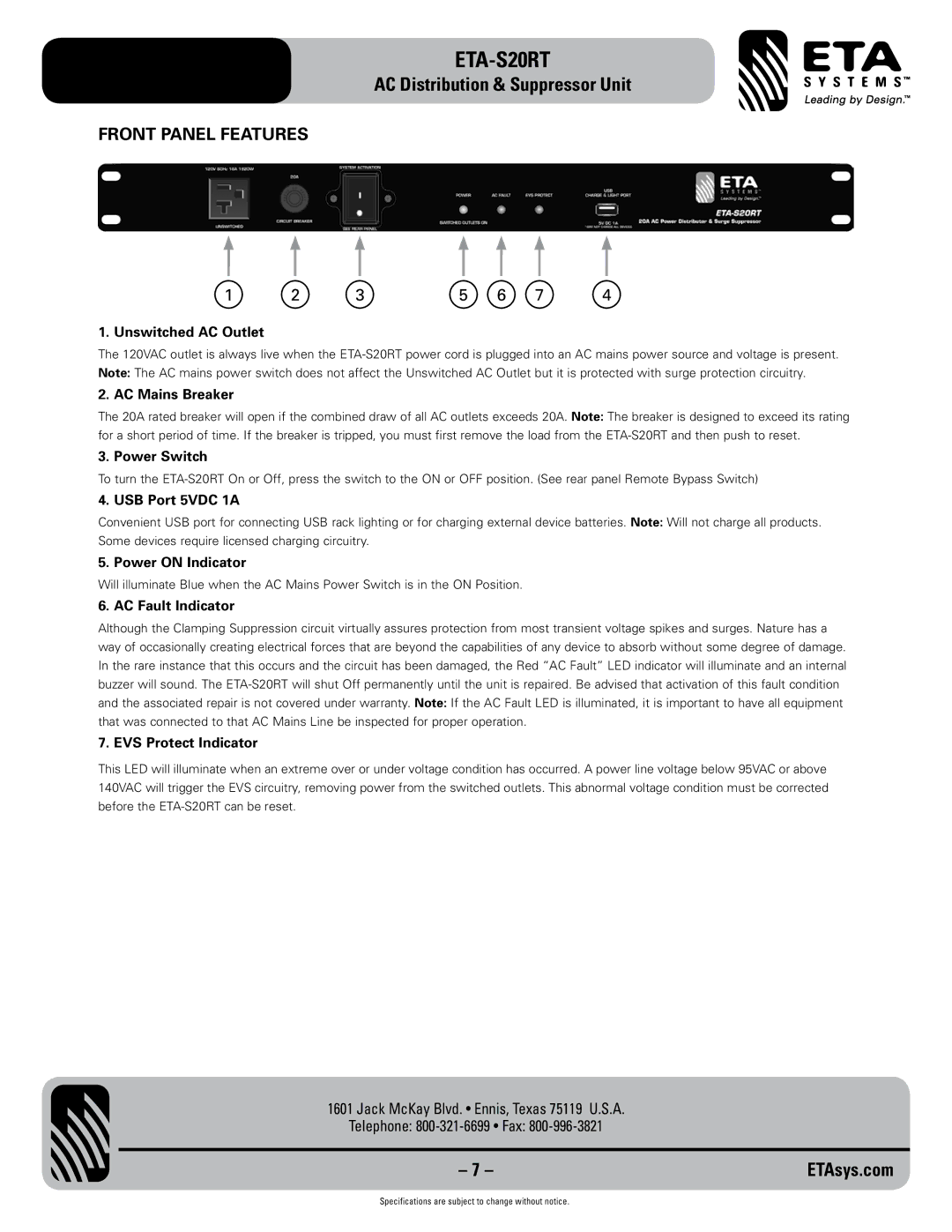 ETA Systems ETA-S20RT specifications Front Panel Features 