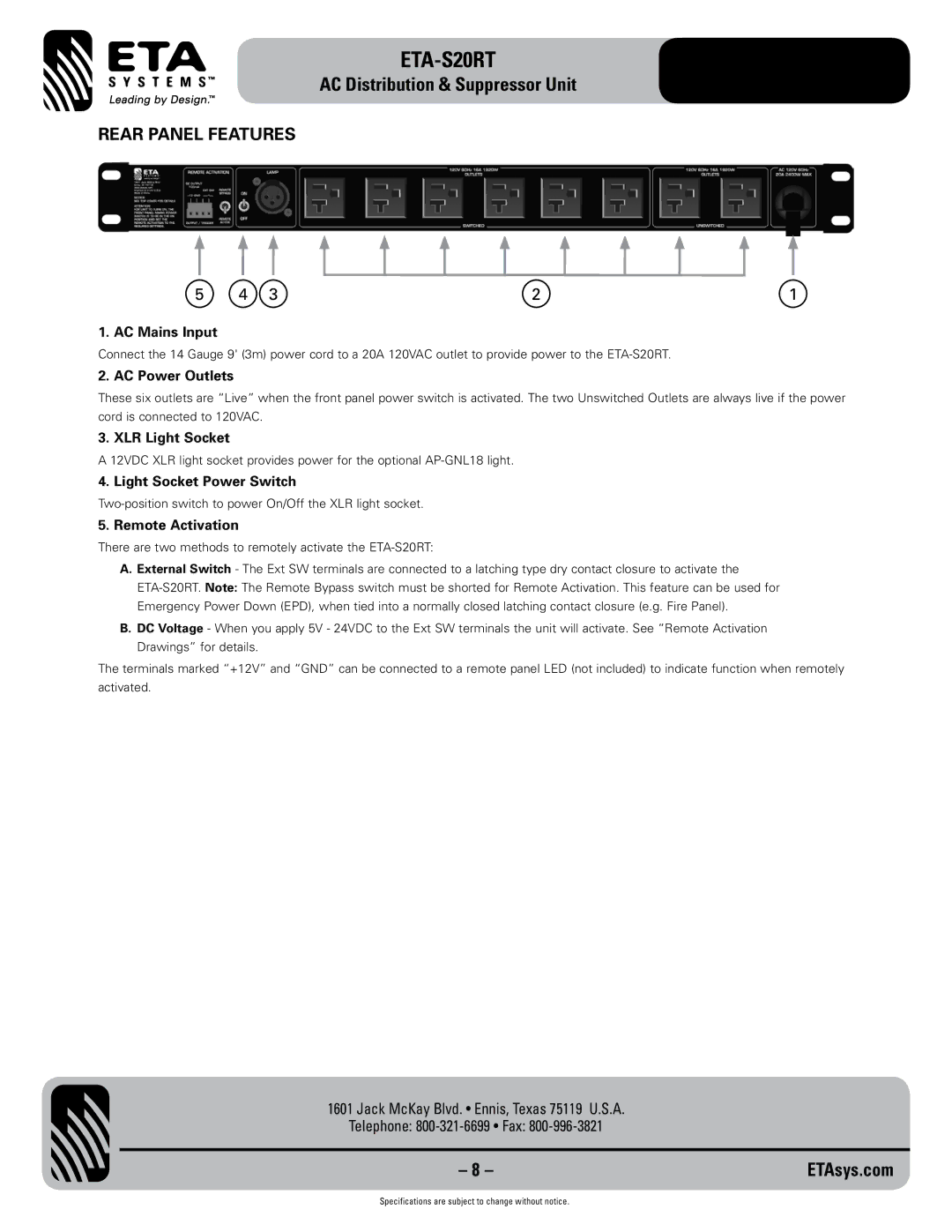 ETA Systems ETA-S20RT specifications Rear Panel Features 