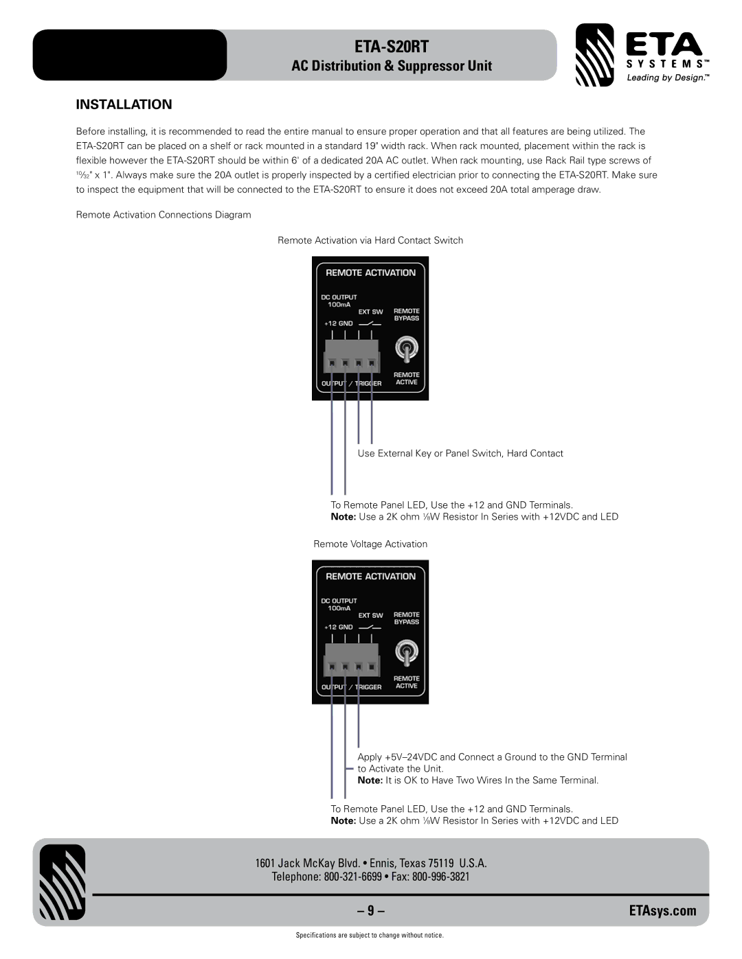 ETA Systems ETA-S20RT specifications Installation 