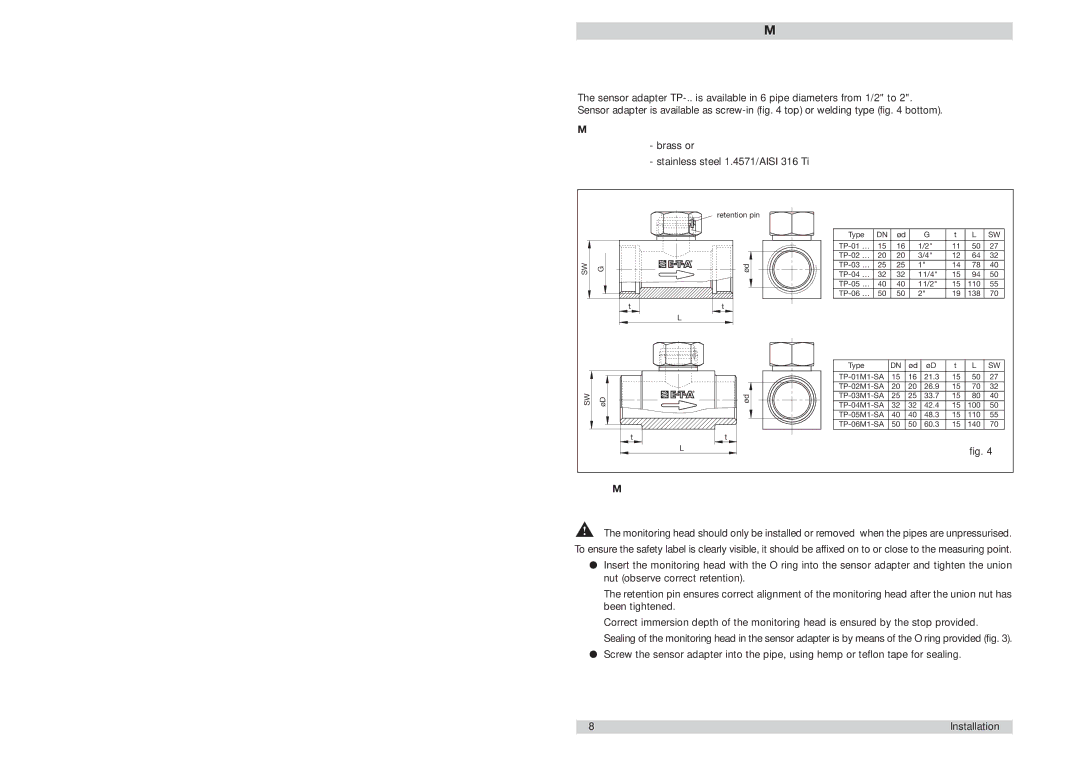 ETA Systems FC01-LQ manual Sensoradapter TP, Brass or Stainless steel 1.4571/AISI 316 Ti 