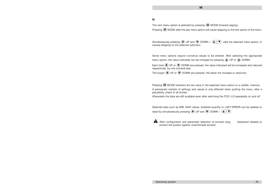 ETA Systems FC01-LQ manual Menu paging, Calling a menu option, Entry of numerals, Transfer of entries, Deleting data 