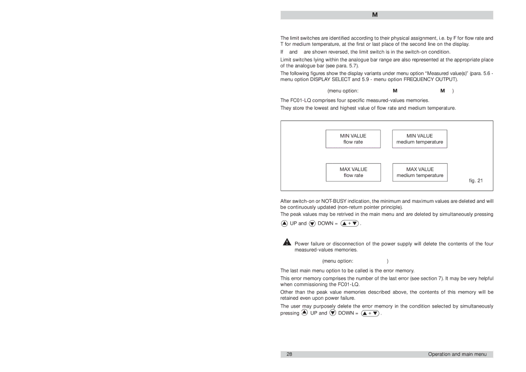 ETA Systems FC01-LQ manual Peak values menu option Peak Value MIN / Peak Value MAX, MIN Value, MAX Value 