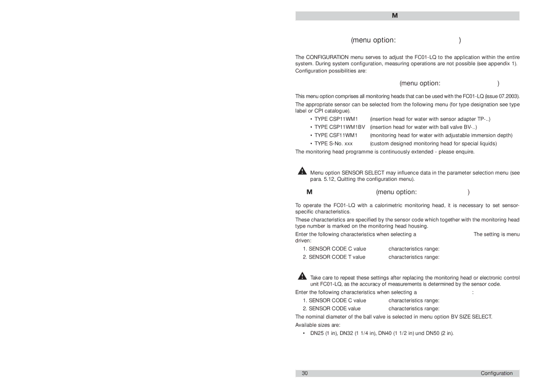 ETA Systems FC01-LQ manual Configuration menu option Configuration, Selection of monitoring head menu option Sensor Select 