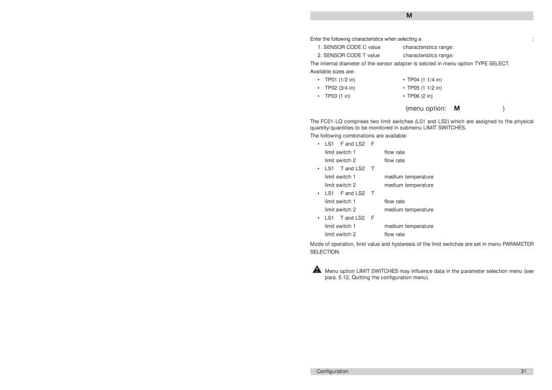 ETA Systems FC01-LQ manual Limit switch combinations menu option Limit Switches, Selection 