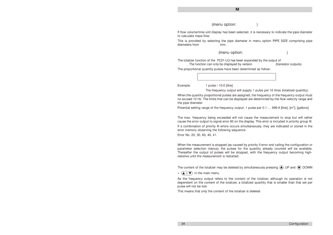 ETA Systems manual Flow Meter FC01-LQ Pipe diameter menu option Pipe Size, Frequency output menu option Frequency Output 