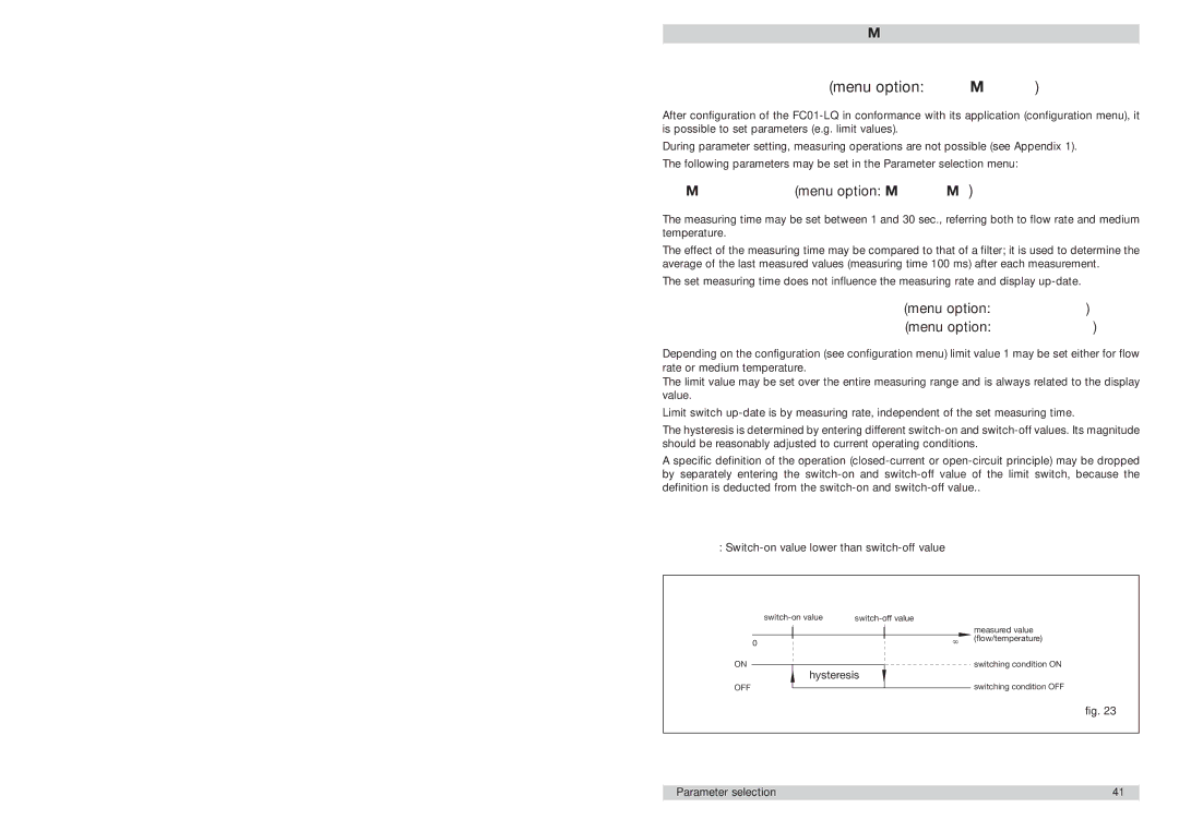 ETA Systems FC01-LQ manual Parameter selection menu option Parameters, Measuring time menu option MEAS. Time 