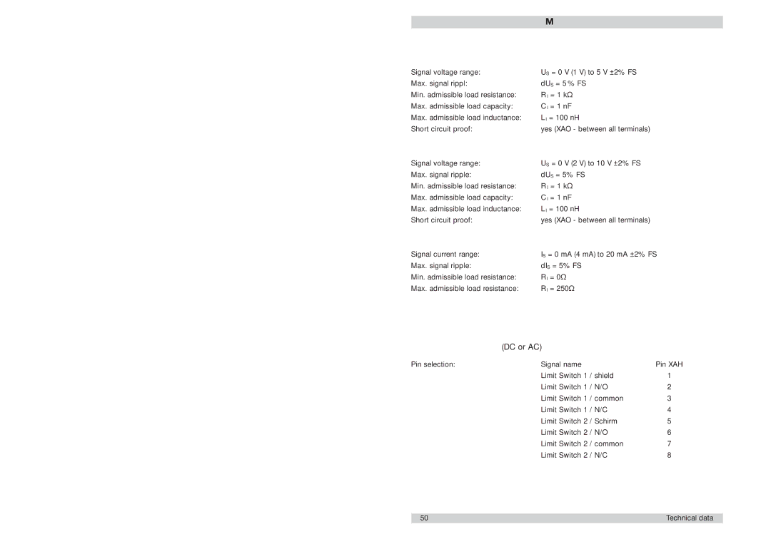 ETA Systems FC01-LQ manual Signal outputs, Voltage output V1 5 V FS, Voltage output V2 10 V FS, Current output C1 20 mA FS 