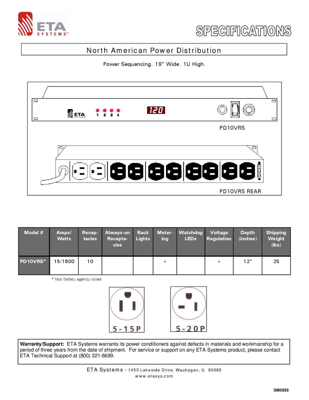 ETA Systems SM5655 warranty North American Power Distribution, PD10VRS PD10VRS Rear 