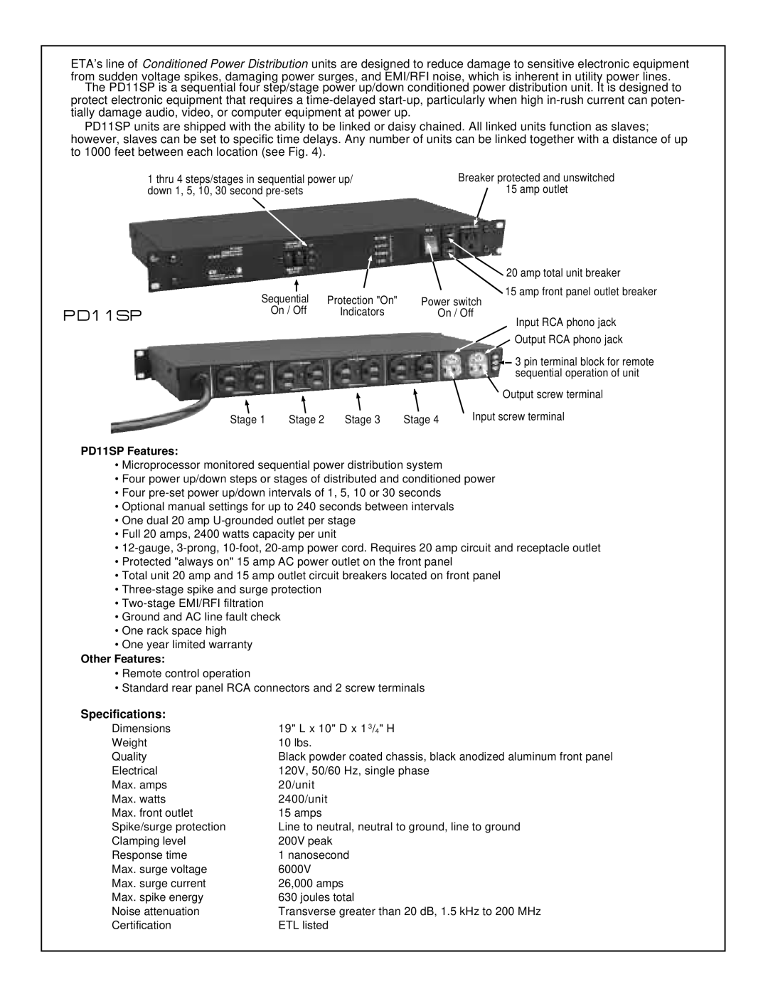 ETA Systems PD11VP, PD11SS, PD11P, PD11LVP, PD11LP, PD11LVSP owner manual Specifications, PD11SP Features 